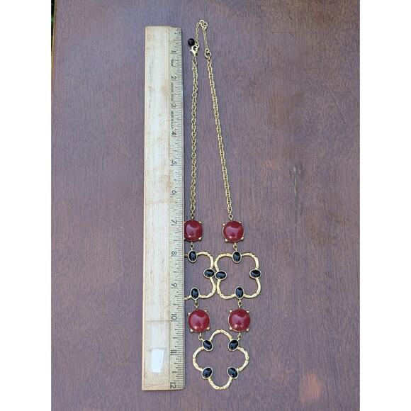 VTG Art Deco Coloured Black Red Beads Gold Tone Clover Statement Necklace Rare - Picture 12 of 12